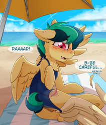 Size: 2550x3024 | Tagged: explicit, artist:fearingfun, oc, oc:apogee, oc:jet stream, age difference, alternate version, anatomically correct, anus, assisted exposure, beach, blushing, butt, chest fluff, clothes, dialogue, embarrassed, father and child, father and daughter, feathered wings, female, filly, floppy ears, foal, foalcon, high res, imported from derpibooru, incest, male, nudity, oc only, oc x oc, offscreen character, one-piece swimsuit, open mouth, pegasus, plot, ponut, pony, ship:apojet, shipping, speech bubble, spread wings, stallion, stallion on filly, straight, swimsuit, swimsuit aside, vulva, water, wing hands, wings