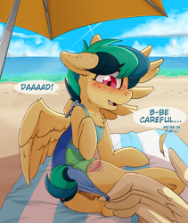 Size: 2550x3024 | Tagged: explicit, artist:fearingfun, oc, oc:apogee, oc:jet stream, anatomically correct, anus, assisted exposure, beach, blushing, butt, chest fluff, clothes, dialogue, embarrassed, father and child, father and daughter, female, floppy ears, foalcon, high res, imported from derpibooru, incest, male, mare, nudity, oc only, oc x oc, offscreen character, one-piece swimsuit, open mouth, pegasus, plot, ponut, pony, ship:apojet, shipping, speech bubble, stallion, straight, swimsuit, swimsuit aside, vulva, water, wing hands, wings