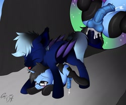 Size: 2070x1725 | Tagged: explicit, artist:emilywulfstudios, oc, oc:tinker doo, age difference, bat pony, big dom small sub, blushing, clothes, colt, colt on stallion, cum, foal, foalcon, gay, glasses, gloves, imported from derpibooru, legwear, male, nudity, penis, pony, sex, socks, stallion, stallion on colt, stockings, thigh highs, unicorn