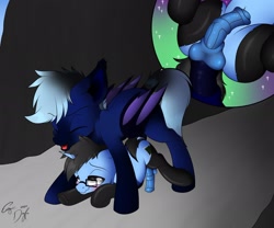 Size: 2070x1725 | Tagged: explicit, artist:emilywulfstudios, oc, oc:tinker doo, age difference, bat pony, big dom small sub, blushing, clothes, colt, colt on stallion, foal, foalcon, gay, glasses, gloves, imported from derpibooru, legwear, male, nudity, penis, pony, sex, socks, stallion, stallion on colt, stockings, thigh highs, unicorn