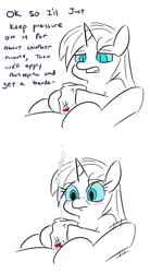 Size: 449x816 | Tagged: explicit, artist:jargon scott, oc, oc:nyx, alicorn, bandage, blood, blushing, cloudy daze, cum, cumming, foalcon, g4, hair trigger, implied dyx, imported from derpibooru, offscreen character, partial color, pony, premature ejaculation, simple background, white background