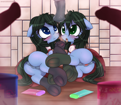 Size: 1500x1304 | Tagged: explicit, artist:an-m, oc, oc:abstract module, oc:reflect decrypt, anatomically correct, anus, blushing, clothes, cock shock, crotchboobs, dark genitals, dock, dripping precum, female, filly, foal, foalcon, horsecock, human penis, imported from derpibooru, lube, nipples, nudity, oc only, offscreen character, penis, ponut, pony, precum, sauna, skirt, socks, tongue out, twins, underhoof, vagina, vulva
