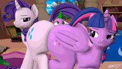 Size: 672x378 | Tagged: explicit, artist:godoffury, rarity, spike, twilight sparkle, 3d, age difference, alicorn, animated, anus, bedroom eyes, bisexual, blushing, butt, butt smothering, dominatrix, dragon, dubious consent, eyeshadow, faceful of ass, female, femdom, foalcon, g4, gif, huge butt, imported from derpibooru, kiss my ass, large butt, lesbian, makeup, male, mare, nudity, plot, plot sandwich, ponut, pony, raised tail, rearity, ship:rarilight, ship:sparity, ship:twisparity, ship:twispike, shipping, smothering, spike gets all the mares, squishy, straight, tail, twibutt, unicorn