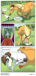 Size: 2000x4150 | Tagged: explicit, artist:moonhoek, applejack, comic:apple acres assault, abdominal bulge, alternate version, applejack's hat, belly, big belly, colored sketch, colt, colt prey, comic, cowboy hat, dialogue, drool, drool string, earth pony, erection, female, female pred, female predator, filly, filly prey, foal, foalcon, full body, g4, hat, hoers, horsecock, imported from derpibooru, male, mare pred, mare predator, maw, mouth, nudity, oral vore, penis, petunia paleo, pipsqueak, pony, predajack, predator, predator vs prey, prey, running, running away, scared, sweet apple acres, teeth, text, tongue out, unwilling prey, vore