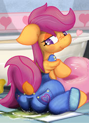 Size: 1565x2160 | Tagged: questionable, artist:not_texmex, scootaloo, alternate version, bathroom, bathtub, clothes, derpibooru exclusive, dock, female, fetish, foalcon, g4, heart, imported from derpibooru, looking back, overalls, pegasus, pissing, pony, potty, sitting, solo, solo female, training potty, urine, watersports, wetting