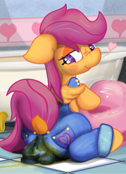 Size: 1565x2160 | Tagged: grotesque, questionable, artist:not_texmex, scootaloo, alternate version, bathroom, bathtub, clothes, derpibooru exclusive, dock, female, fetish, foalcon, g4, heart, imported from derpibooru, looking back, messing, messy, overalls, panties, pantypoop, pegasus, pony, poop, pooping, potty, scat, sitting, solo, solo female, stains, training potty, underwear