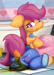 Size: 1565x2160 | Tagged: grotesque, questionable, artist:not_texmex, scootaloo, bathroom, bathtub, clothes, derpibooru exclusive, dock, female, fetish, foalcon, g4, heart, imported from derpibooru, looking back, messing, messy, overalls, pantypoop, pegasus, pony, poop, pooping, potty, scat, sitting, solo, solo female, stains, training potty
