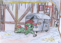 Size: 2000x1417 | Tagged: explicit, artist:vovi, oc, oc:void virgin sparkles, alternate version, bin, casual nudity, colt, crying, depressed, dirty, dock, fetish, foal, foalcon, homeless, icicle, imported from derpibooru, male, nudity, oc only, penis, pony, ponyville, poop, sad, scat, smelly, snow, solo, traditional art, unhappy, unicorn, urine, winter, yellow snow