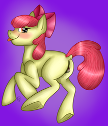 Size: 1401x1625 | Tagged: explicit, artist:ponykittenboi, apple bloom, anatomically correct, clitoris, dock, dripping, earth pony, estrus, female, foalcon, g4, heat, imported from derpibooru, looking at you, looking back, looking back at you, nudity, pony, solo, solo female, underhoof, vaginal secretions, vulva, vulvar winking, wet