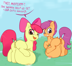 Size: 1513x1393 | Tagged: explicit, artist:mrweirdo, apple bloom, scootaloo, anatomically correct, anus, big crotchboobs, crotchboobs, crotchboobs on floor, dialogue, dock, duo, duo female, earth pony, female, females only, filly, foal, foalcon, g4, heart, heart eyes, huge crotchboobs, hyper, hyper crotchboobs, imported from derpibooru, impossibly large crotchboobs, lactation, milk, nipples, nudity, open mouth, oppai loli, pegasus, ponut, pony, vulva, wingding eyes