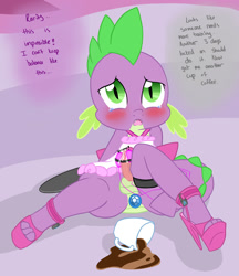 Size: 1295x1500 | Tagged: explicit, artist:pyruvate, spike, anal insertion, apron, blushing, buttplug, clothes, coffee, coffee cup, crossdressing, cup, dragon, female, femboy, femboy spike, femdom, foalcon, g4, high heels, implied rarity, imported from derpibooru, insertion, jeweled buttplug, lock, locking high heels, male, malesub, nudity, offscreen character, padlock, penis, raridom, sex toy, shoes, sissy, sissyfication, small penis, solo, solo male, spikesub, spilled drink, submissive, teary eyes, training, vibrator