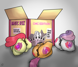 Size: 1164x991 | Tagged: explicit, artist:ponykittenboi, apple bloom, scootaloo, sweetie belle, both cutie marks, crotchboobs, cutie mark crusaders, dock, earth pony, female, foalcon, g4, imported from derpibooru, magic box, nipples, nudity, pegasus, penetrable sex toy, pony, sex toy, the cmc's cutie marks, unicorn