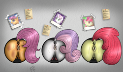 Size: 2000x1182 | Tagged: explicit, artist:ponykittenboi, apple bloom, scootaloo, sweetie belle, aged down, anus, brothel, butt, crotchboobs, cutie mark crusaders, dock, earth pony, exhibitionism, female, foalcon, g4, glory hole, imported from derpibooru, nipples, nudity, pegasus, picture, plot, ponut, pony, prostitution, public use, size queen, spank mark, through wall, unicorn, vulva