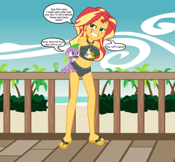 Size: 1009x937 | Tagged: questionable, artist:kingdark0001, artist:phucknuckl, spike, bikini, blushing, breasts, cameltoe, clothes, dialogue, dog, equestria girls, female, foalcon, g4, hundreds of users filter this tag, implied bestiality, imported from derpibooru, interspecies, male, sandals, ship:sunsetspike, shipping, show accurate, spike the dog, straight, sunset shimmer, sweat, swimsuit