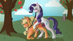 Size: 1280x720 | Tagged: explicit, artist:doctordoctordoo, applejack, rarity, spike, apple, apple tree, applesub, balls, blushing, bound, cloud, collar, cowboy hat, creampie, crotchboobs, cuckolding, cum, digital art, doggy style, drool, earth pony, female, femsub, foalcon, food, forced to watch, from behind, futa, futa on female, futa rarity, g4, hat, horn, horsecock, imported from derpibooru, intersex, leash, looking at you, male, mare, nipples, nudity, penetration, penis, pet play, pony, rope, sex, ship:rarijack, shipping, sky, submissive, sweat, tail, tied up, tongue out, tree, unicorn, vaginal