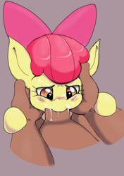 Size: 1078x1528 | Tagged: explicit, artist:howl echoes, apple bloom, blowjob, creampie, cum, cum in mouth, deepthroat, earth pony, female, foal, foalcon, g4, human, human on pony action, imported from derpibooru, interspecies, male, nudity, oral, oral creampie, penis, pony, sex, solo focus, straight