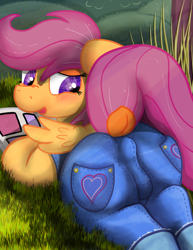 Size: 1669x2160 | Tagged: questionable, artist:not_texmex, scootaloo, alternate version, anus cameltoe, cameltoe, clothes, dock, female, foalcon, g4, imported from derpibooru, looking back, outdoors, overalls, pegasus, pony, prone, solo, solo female
