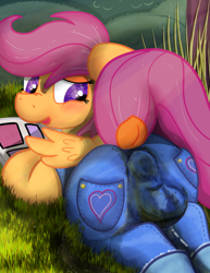 Size: 1669x2160 | Tagged: grotesque, questionable, artist:not_texmex, scootaloo, alternate version, clothes, dock, female, fetish, foalcon, g4, imported from derpibooru, looking back, messing, outdoors, overalls, pantypoop, pegasus, pissing, pony, poop, pooping, potty failure, scat, solo, solo female, urine, wetting