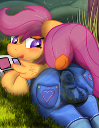 Size: 1669x2160 | Tagged: grotesque, questionable, artist:not_texmex, scootaloo, clothes, dock, female, fetish, foalcon, g4, imported from derpibooru, looking back, messing, outdoors, overalls, pantypoop, pegasus, pony, poop, pooping, potty failure, scat, solo, solo female