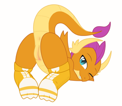 Size: 1413x1231 | Tagged: explicit, artist:hairgrape, anus, ass up, clothes, dead source, dragon, dragoness, face down ass up, female, foalcon, g4, imported from derpibooru, looking at you, looking back, nudity, one eye closed, raised tail, show accurate, show accurate porn, simple background, smolder, smolderriere, sock fetish, socks, solo, solo female, tail, vagina, vulva, white background, wink