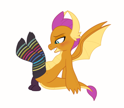 Size: 1413x1231 | Tagged: explicit, artist:hairgrape, blushing, clothes, dead source, dildo, dildo sitting, dragon, dragoness, female, foalcon, g4, imported from derpibooru, insertion, legwear, open mouth, sex toy, show accurate, show accurate porn, simple background, smolder, sock fetish, socks, solo, solo female, striped socks, thigh highs, white background