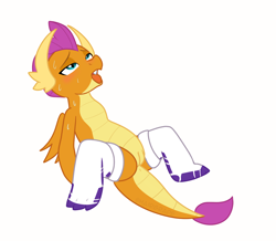 Size: 1413x1231 | Tagged: explicit, artist:hairgrape, anus, blushing, clothes, dead source, dragon, dragoness, female, foalcon, g4, imported from derpibooru, nudity, open mouth, show accurate, show accurate porn, simple background, sitting, smolder, sock fetish, socks, solo, solo female, spread legs, spreading, sweat, vagina, vulva, white background