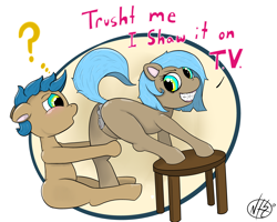 Size: 5000x4000 | Tagged: explicit, artist:nthdegr33, oc, anus, blushing, braces, colt, cute, dialogue, earth pony, female, filly, foal, foalcon, imported from derpibooru, male, nudity, oc only, pony, presenting, stool, straight, vulva