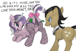 Size: 1254x832 | Tagged: explicit, artist:richfilly, diamond tiara, 30 minute art challenge, anus, bedroom eyes, bow, butt, clothes, crotchboobs, cutie mark, dock, earth pony, edit, evil smile, father and child, father and daughter, female, filthy rich, fishnet stockings, foalcon, g4, grin, imported from derpibooru, incest, jewelry, legwear, looking at each other, looking back, male, money, nipples, nudity, plot, pony, presenting, prostitution, raised tail, ship:filthy diamond, shipping, sketch, smiling, socks, stockings, straight, tail, tail bow, teats, thigh highs, tiara, traditional art, vulva