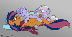 Size: 1986x1014 | Tagged: explicit, artist:strebiskunk, oc, oc:solar comet, bow, canon x oc, cum, cum in mouth, cumming, disguise, disguised changeling, eyelashes, floppy ears, foalcon, french kiss, g4, hair bow, imported from derpibooru, kissing, oral, pegasus, pony, sex, sucking, sweet pop, tail bow, tongue out, wind sprint