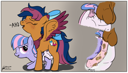 Size: 1955x1118 | Tagged: explicit, artist:thedrizzle404, oc, oc:solar comet, age difference, anatomically correct, ass up, big dom small sub, bow, canon x oc, commission, cum, cumming, diaper, diaper fetish, disguise, disguised changeling, eyelashes, female, fetish, filly, fluids, foal, foalcon, g4, gradient background, grin, imported from derpibooru, male, non-baby in diaper, nudity, pegasus, pissing, pissing on dick, pony, smiling, stallion, stallion on filly, straight, urine, using someone else's diaper, vulva, watersports, wind sprint