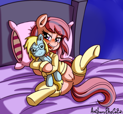 Size: 2342x2174 | Tagged: explicit, artist:anibaruthecat, oc, oc:cloud cuddler, oc:sweet haze, bed, blushing, clothes, earth pony, female, filly, foal, foalcon, glasses, high res, hug, human vulva on pony, imported from derpibooru, looking at you, nudity, oc only, pajamas, pegasus, pegasus oc, pillow, plushie, pony, solo, solo female, spread legs, spreading, vulva