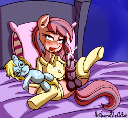 Size: 2342x2174 | Tagged: explicit, artist:anibaruthecat, oc, oc:cloud cuddler, oc:sweet haze, ahegao, bed, blushing, clothes, cum, cumming, earth pony, femboy, foalcon, glasses, high res, horsecock, hug, imported from derpibooru, looking at you, male, nudity, oc only, open mouth, pajamas, pegasus, pegasus oc, penis, pillow, plushie, pony, solo, solo male, spread legs, spreading, stallion, tongue out