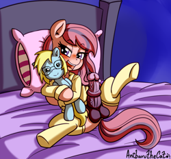 Size: 2342x2174 | Tagged: explicit, artist:anibaruthecat, oc, oc:cloud cuddler, oc:sweet haze, bed, blushing, clothes, earth pony, femboy, foalcon, glasses, high res, horsecock, hug, imported from derpibooru, looking at you, male, nudity, oc only, pajamas, pegasus, pegasus oc, penis, pillow, plushie, pony, solo, solo male, spread legs, spreading