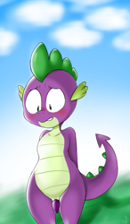 Size: 600x1024 | Tagged: explicit, artist:tvcrip05, spike, anthro, anthro dragon, blushing, cute, dragon, foalcon, g4, genital slit, genitals, imported from derpibooru, male, nudity, penis, solo, solo male, spikabetes