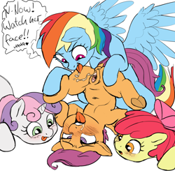 Size: 2200x2160 | Tagged: explicit, artist:crade, editor:sollace, apple bloom, rainbow dash, scootaloo, sweetie belle, age difference, ahegao, anatomically correct, anus, apple bloom's bow, belly button, blushing, bow, clitoris, color edit, colored, cunnilingus, cutie mark crusaders, dialogue, dock, drool, earth pony, edit, eyes rolling back, female, female orgasm, filly, flat colors, foal, foalcon, g4, hair bow, heart, high res, imported from derpibooru, lesbian, mare, mare on filly, moaning, moaning in pleasure, nudity, open mouth, oral, orgasm, pegasus, ponut, pony, prone, sex, ship:scootadash, shipping, soft color, speech bubble, squirting, squirting in mouth, tongue out, underhoof, unicorn, vaginal orgasm, vaginal secretions, vaginal secretions in mouth, vulva, vulvar winking