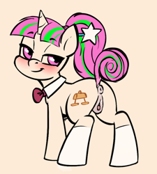 Size: 803x894 | Tagged: explicit, artist:soulcentinel, oc, oc:zippi, anus, blushing, bowtie, butt, clothes, commission, female, filly, foal, foalcon, imported from derpibooru, looking back, nudity, oc only, plot, ponut, pony, ponytail, presenting, raised tail, rear view, simple background, smiling, smirk, smug, socks, solo, solo female, tail, unicorn, vagina, vulva