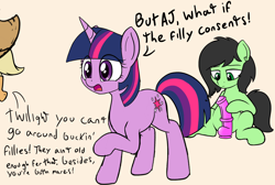 Size: 1946x1308 | Tagged: explicit, artist:czu, applejack, twilight sparkle, oc, oc:filly anon, backwards cutie mark, bigotjack, dildo, earth pony, female, filly, foal, foalcon, g4, homophobia, imported from derpibooru, insane troll logic, pony, sex toy, simple background, this will end in jail time, twilight is a foal fiddler, unicorn, unicorn twilight, white background