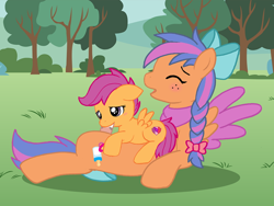 Size: 800x600 | Tagged: explicit, artist:veemonsito, scootaloo, oc, oc:solar comet, age difference, bandana, blowjob, blushing, bow, canon x oc, disguise, disguised changeling, eyelashes, eyes closed, female, filly, filly on stallion, foal, foalcon, g4, hair bow, imported from derpibooru, looking pleasured, male, nudity, open mouth, oral, pegasus, penis, pony, sex, small dom big sub, stallion, straight, suckking