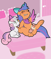Size: 545x630 | Tagged: explicit, artist:shenhibiki, sweetie belle, oc, oc:solar comet, blushing, bow, canon x oc, crossdressing, cum, cumming, disguise, disguised changeling, eyelashes, eyes closed, female, filly, filly on stallion, floppy ears, foal, foalcon, g4, gritted teeth, hair bow, imported from derpibooru, magic, magical stimulation, magicjob, male, nudity, pegasus, penis, pony, pony on pony action, spread legs, stallion, straight, unicorn, wings