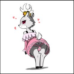 Size: 918x920 | Tagged: explicit, artist:cold-blooded-twilight, oc, oc:maple (colt quest), antlers, anus, backless panties, bracelet, butt, clothes, color, color edit, colored, colt quest, crossdressing, crotchless panties, cute, cute porn, deer, edit, fawn, femboy, foalcon, frilly underwear, heart, imported from derpibooru, jewelry, large ponut, male, monochrome, nudity, oc only, panties, pink underwear, ponut, rear view, simple background, skirt, smiling, solo, solo male, trap, underwear, upskirt, white background, young