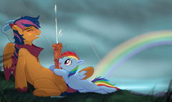 Size: 1820x1080 | Tagged: explicit, artist:lynxbrush, rainbow dash, oc, oc:solar comet, blushing, bow, canon x oc, cum, cumming, disguise, disguised changeling, eyelashes, eyes closed, female, filly, filly rainbow dash, foal, foalcon, g4, grass, gritted teeth, hair bow, imported from derpibooru, licking, licking cock, male, nudity, oral, overcast, pegasus, penis, pony, rain, rainbow, sex, tongue out, watermark, wings, younger