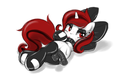 Size: 1320x869 | Tagged: explicit, artist:pestil, oc, oc:lilith, arm hooves, balls, belly, belly button, bow, chubby, clothes, collar, ear piercing, earring, eyeshadow, foalcon, freckles, futa, futa oc, gloves, hair bow, horsecock, imported from derpibooru, intersex, jewelry, latex, latex gloves, latex socks, makeup, nudity, oc only, on side, penis, piercing, semi-anthro, socks, solo, unicorn, younger