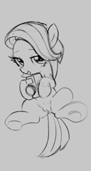 Size: 634x1192 | Tagged: explicit, artist:pestil, bedroom eyes, black and white, bubblegum star, camera, crotchboobs, delicious flat crotch, earth pony, female, filly, foal, foalcon, g4, grayscale, imported from derpibooru, monochrome, nipples, nudity, pony, presenting, simple background, sketch, solo, solo female, spread legs, spreading, teats, vulva