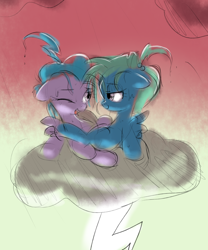 Size: 1250x1500 | Tagged: explicit, artist:pestil, cloud, duo, duo female, female, filly, foal, foalcon, g4, gusty sprite, imported from derpibooru, incest, lesbian, lightning, looking at each other, pegasus, pony, sex, ship:windysprite, siblings, sisters, sketch, sky, sweat, tribadism, windy streak
