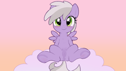 Size: 1280x720 | Tagged: explicit, artist:pestil, anus, blushing, cloud, crotchboobs, delicious flat crotch, female, filly, foal, foalcon, g4, imported from derpibooru, looking at you, nipples, nudity, pegasus, pony, presenting, solo, solo female, spread legs, spreading, sweet pop, teats, vulva