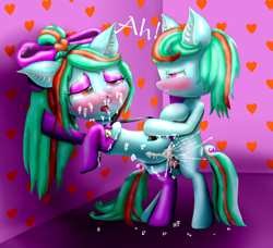 Size: 1597x1456 | Tagged: explicit, artist:tranvybang123456789, oc, ahegao, bell, bell collar, blushing, bow, bowtie, bukkake, cat bell, clothes, collar, creampie, cum, cumming, female, foalcon, from behind, hair bow, imported from derpibooru, leash, legwear, male, moaning, moaning in pleasure, oc only, oc x oc, open mouth, paw gloves, penetration, sex, shipping, socks, straight, text, thigh highs, tongue out, vaginal