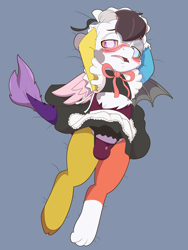 Size: 6000x8000 | Tagged: explicit, artist:imposter dude, oc, oc:desorde, armpits, balls, clothes, commission, crossdressing, draconequus, draconequus oc, foalcon, imported from derpibooru, lying on bed, maid, male, nudity, oc only, penis, simple background, solo, solo male