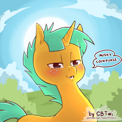 Size: 800x800 | Tagged: questionable, artist:cold-blooded-twilight, bedroom eyes, blushing, dialogue, foalcon, freckles, g4, implied gay, imported from derpibooru, lens flare, male, musk, pony, smiling, smug, snails, solo, solo male, speech bubble, unicorn