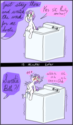 Size: 557x945 | Tagged: explicit, artist:happy harvey, rarity, sweetie belle, accidental masturbation, blushing, dialogue, female, filly, foal, foalcon, g4, implied rarity, imported from derpibooru, masturbation, offscreen character, phone drawing, pony, sitting, unconventional vibrator, unicorn, vaginal secretions, washing machine