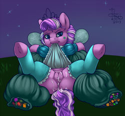 Size: 1621x1500 | Tagged: explicit, artist:infinityplus1, diamond tiara, aftersex, anal creampie, butt, clothes, creampie, cum, dress, earth pony, edit, female, filly, foal, foalcon, g4, halloween, holiday, imported from derpibooru, plot, pony, presenting, socks, solo, solo female, spread legs, spreading